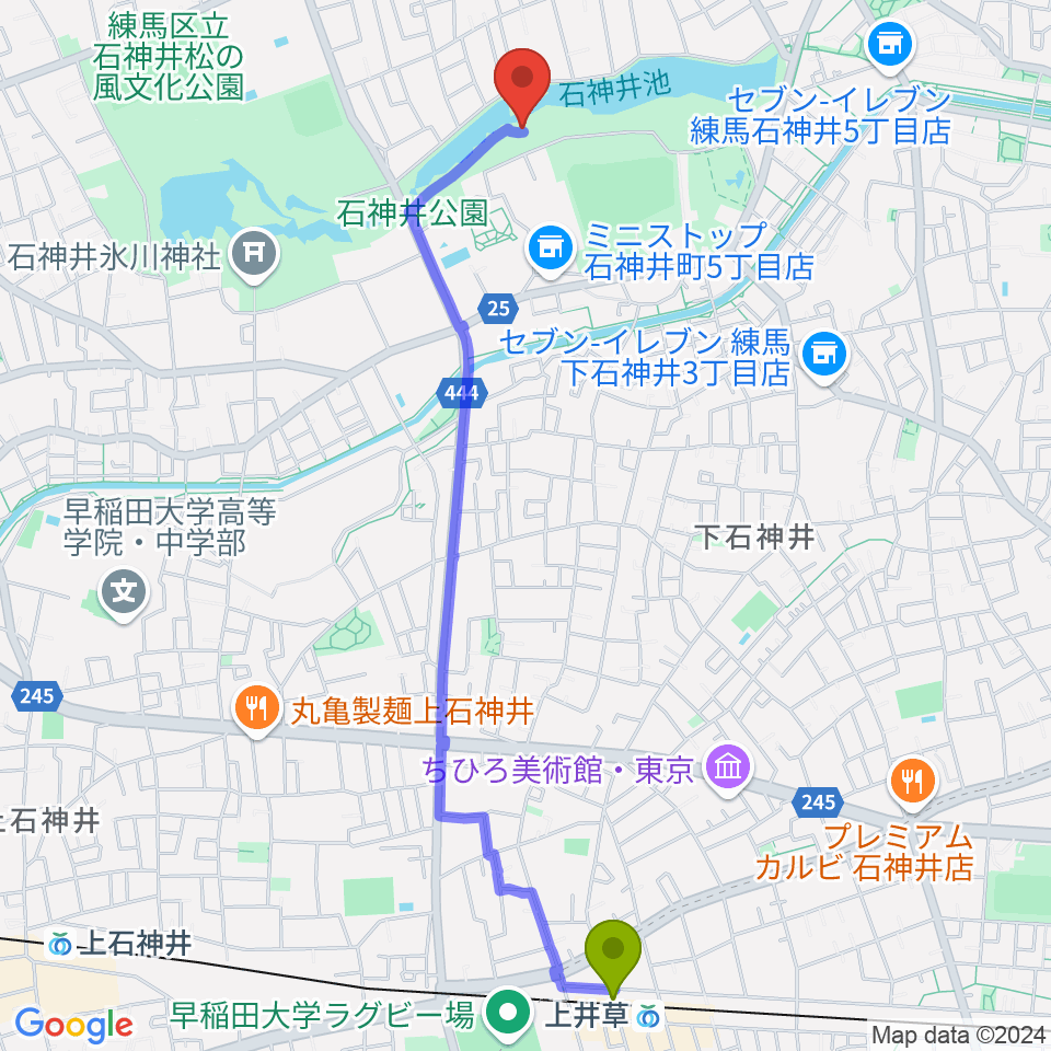 上井草駅から石神井公園野外ステージへのルートマップ地図