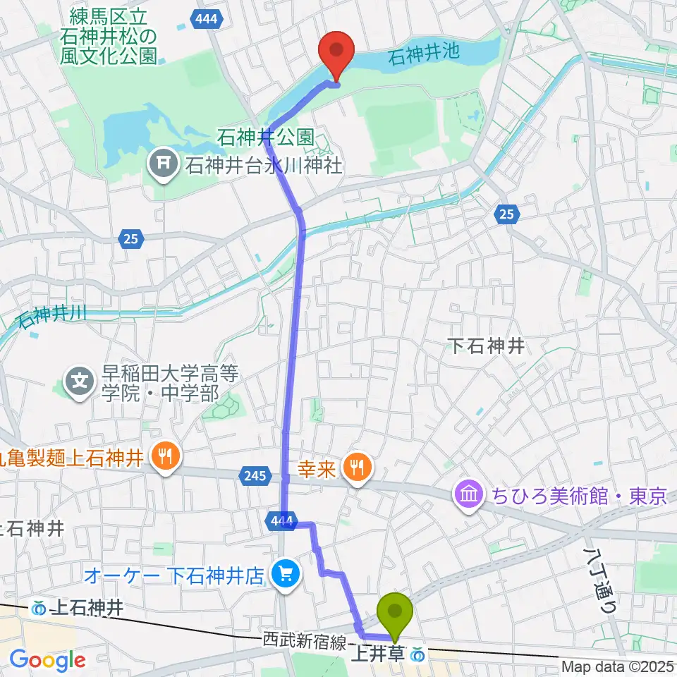 上井草駅から石神井公園野外ステージへのルートマップ地図
