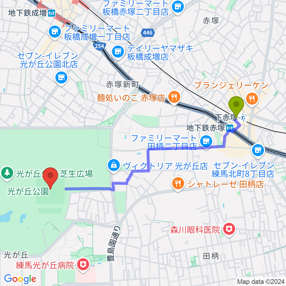 下赤塚駅から光が丘公園野球場へのルートマップ地図