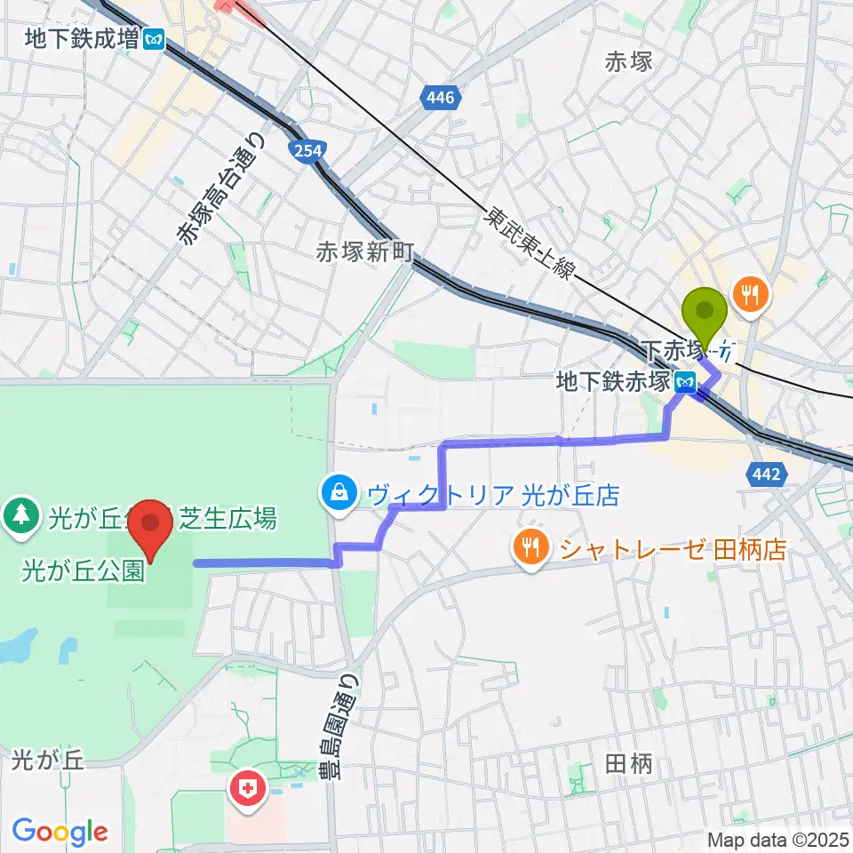 下赤塚駅から光が丘公園野球場へのルートマップ地図