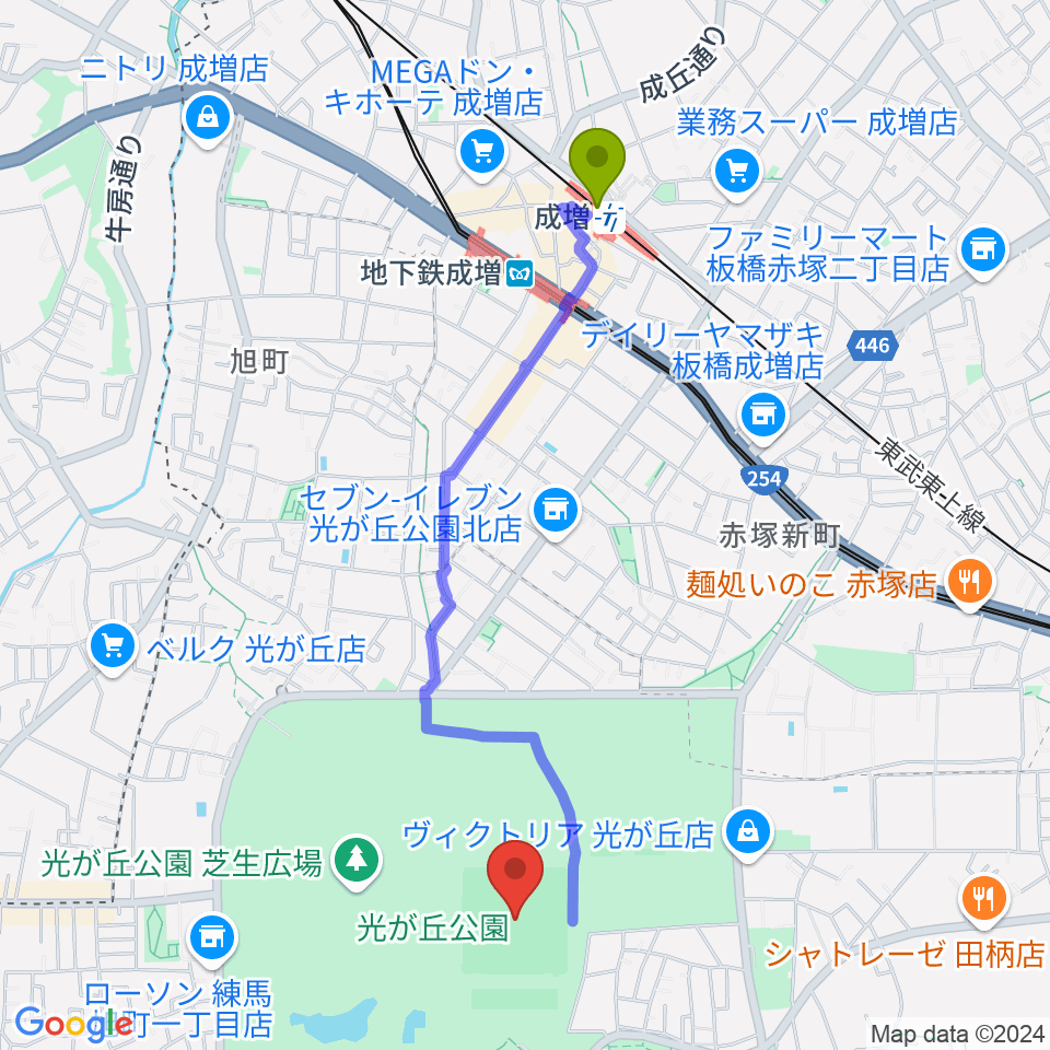 成増駅から光が丘公園野球場へのルートマップ地図