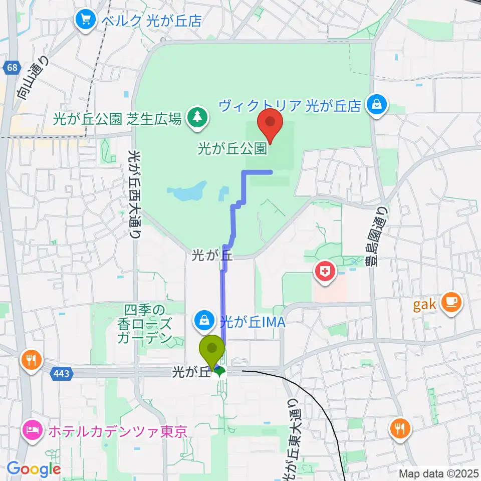 光が丘公園野球場の最寄駅光が丘駅からの徒歩ルート（約15分）地図