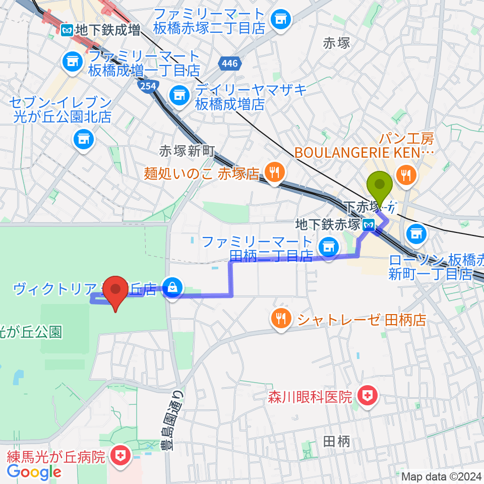 下赤塚駅から光が丘公園陸上競技場へのルートマップ地図