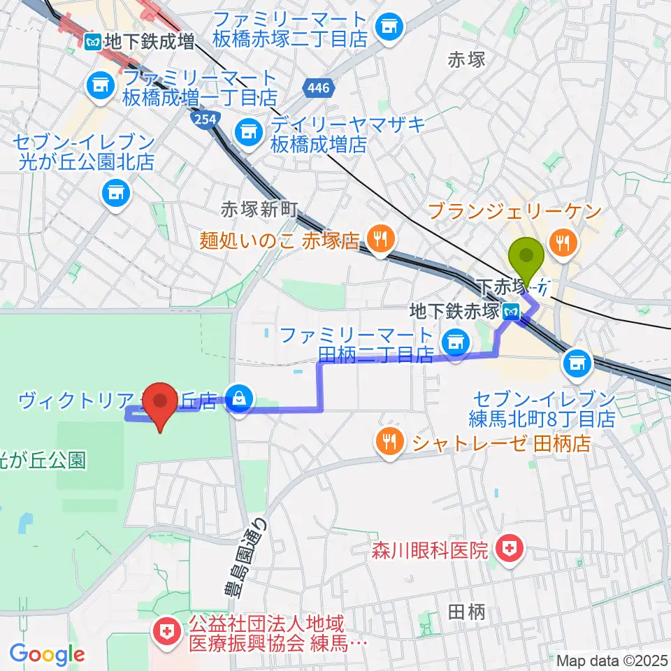 下赤塚駅から光が丘公園陸上競技場へのルートマップ地図