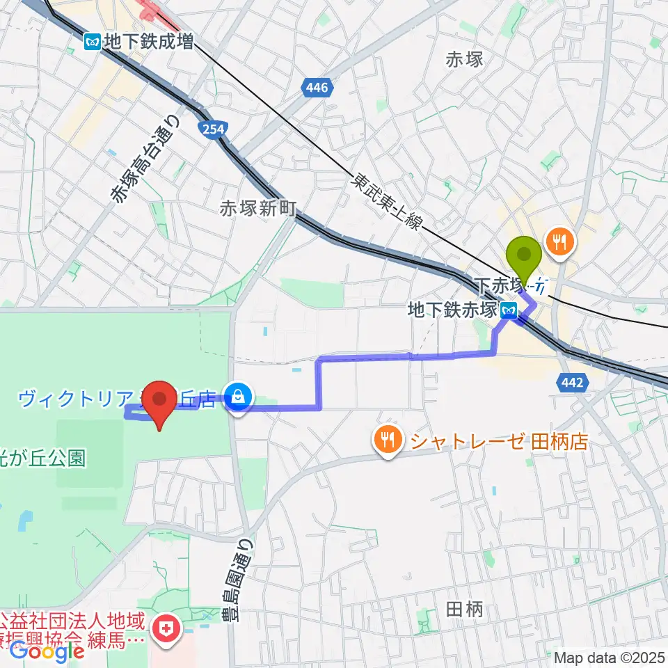 下赤塚駅から光が丘公園陸上競技場へのルートマップ地図