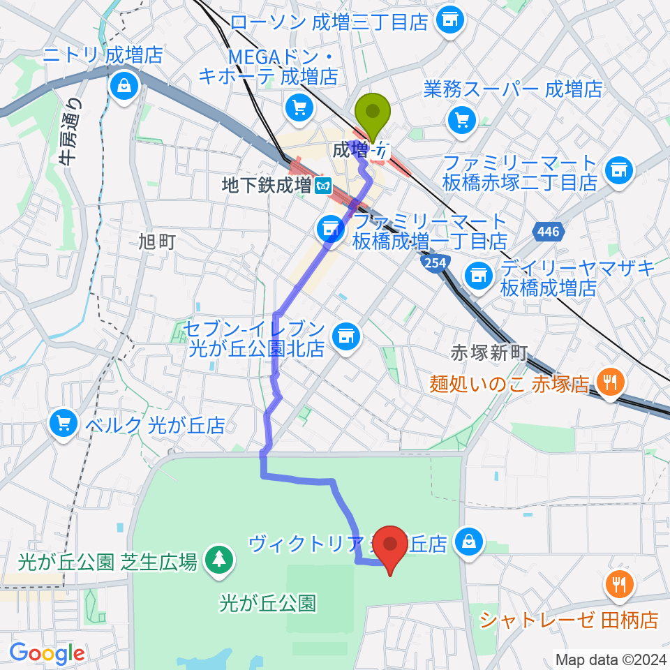 成増駅から光が丘公園陸上競技場へのルートマップ地図