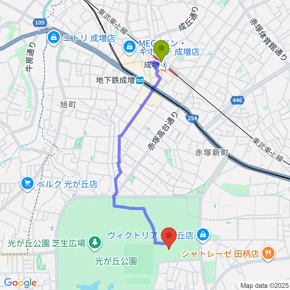 成増駅から光が丘公園陸上競技場へのルートマップ地図
