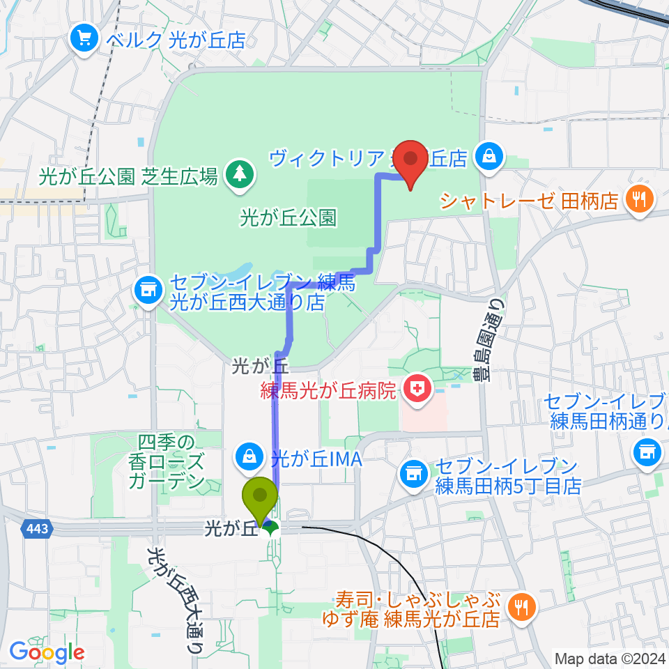 光が丘公園陸上競技場の最寄駅光が丘駅からの徒歩ルート（約17分）地図