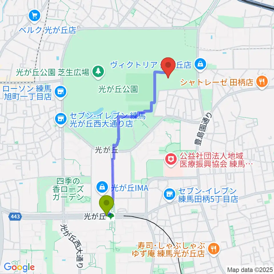 光が丘公園陸上競技場の最寄駅光が丘駅からの徒歩ルート（約17分）地図