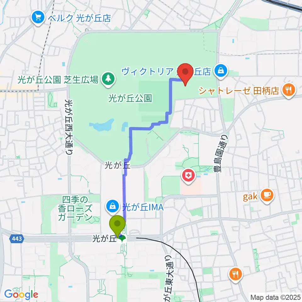 光が丘公園陸上競技場の最寄駅光が丘駅からの徒歩ルート（約17分）地図