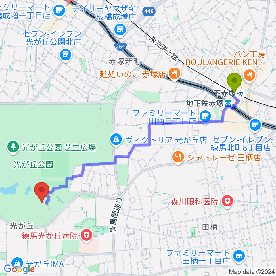 下赤塚駅から光が丘体育館へのルートマップ地図