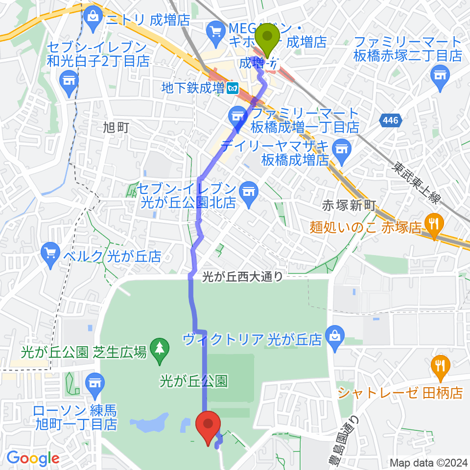 成増駅から光が丘体育館へのルートマップ地図