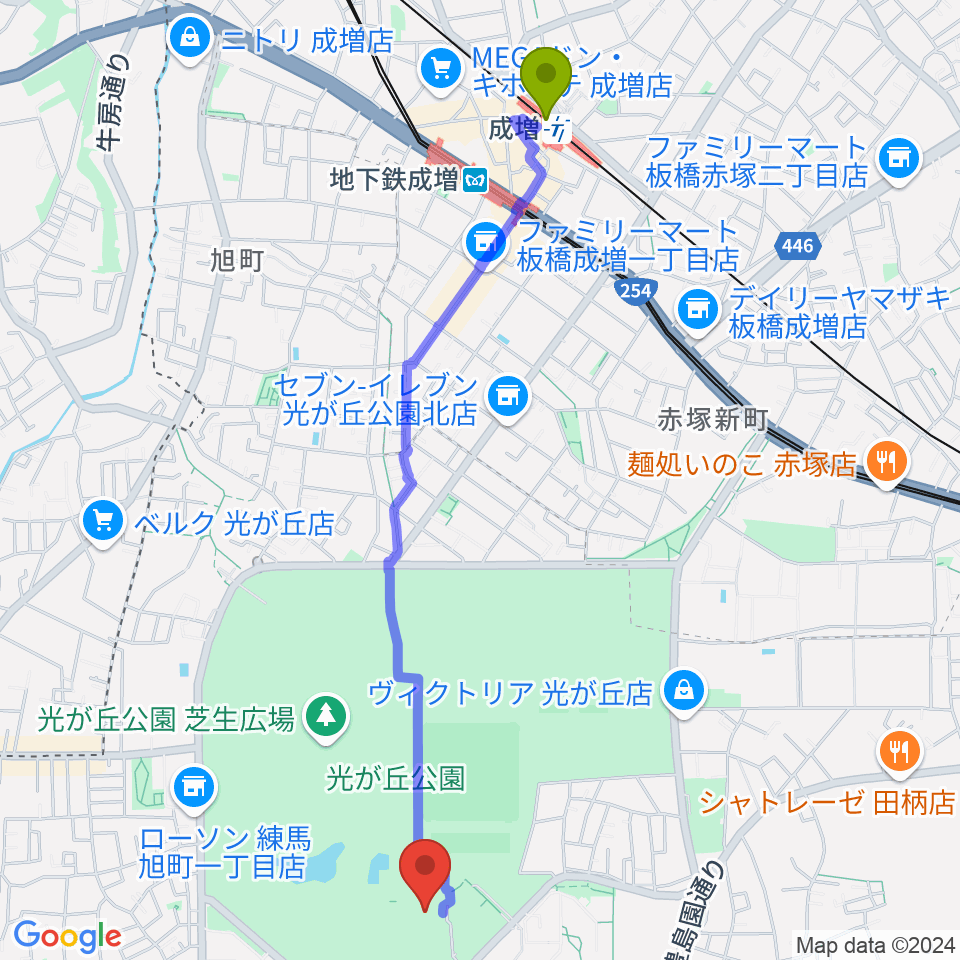 成増駅から光が丘体育館へのルートマップ地図