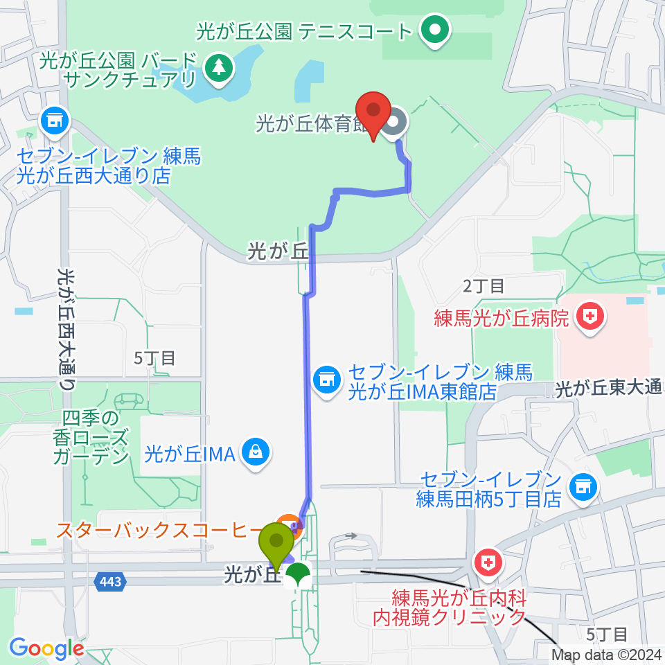 光が丘体育館の最寄駅光が丘駅からの徒歩ルート（約10分）地図