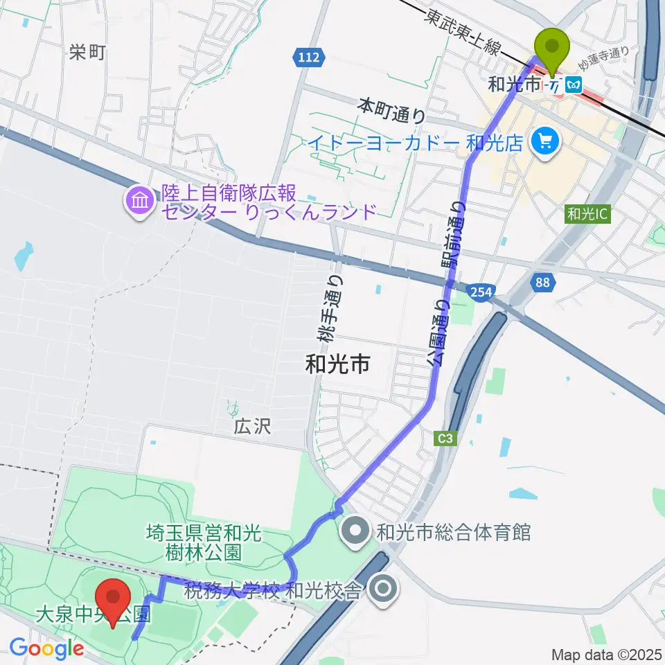 大泉中央公園野球場の最寄駅和光市駅からの徒歩ルート（約33分）地図