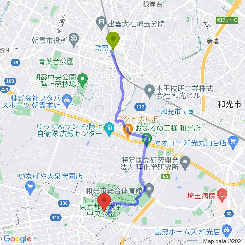 朝霞駅から大泉中央公園野球場へのルートマップ地図