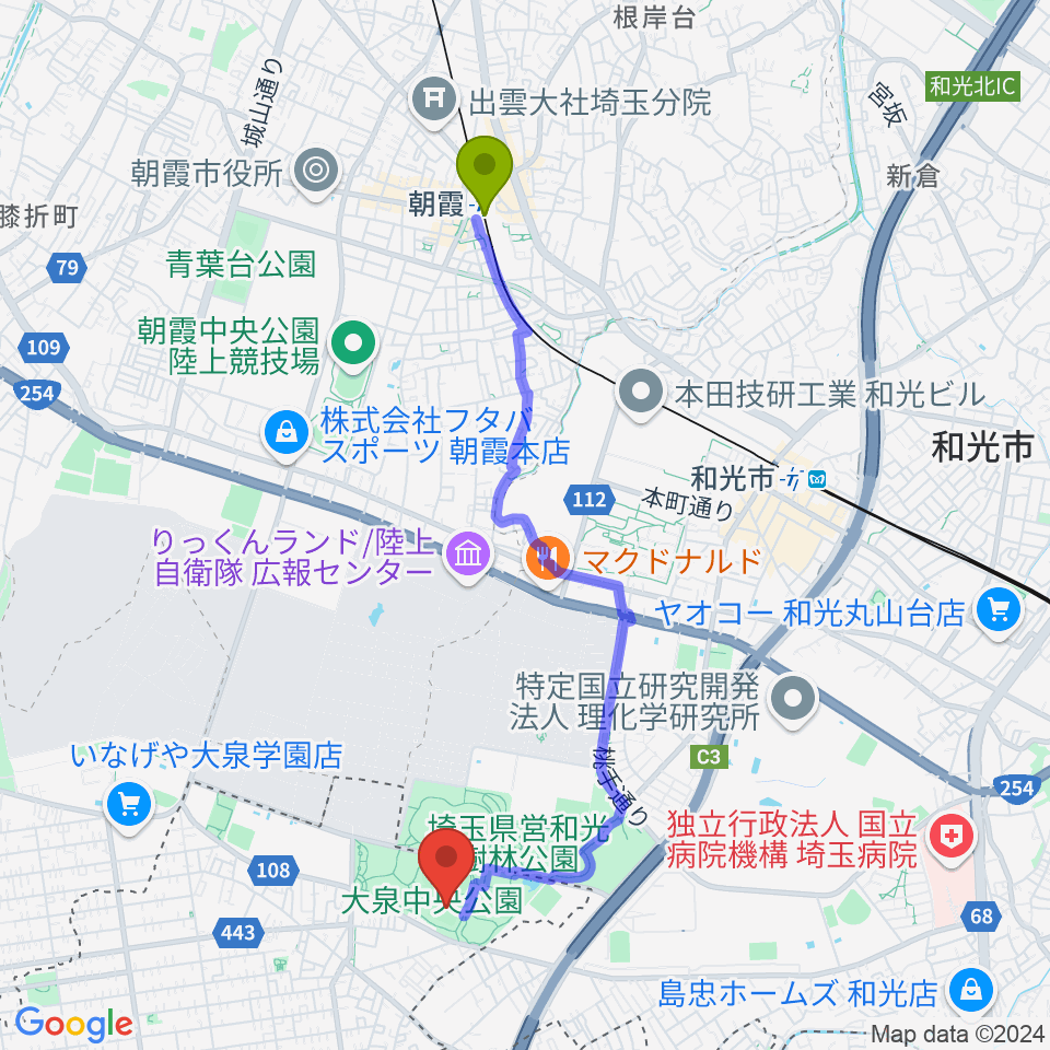 朝霞駅から大泉中央公園野球場へのルートマップ地図