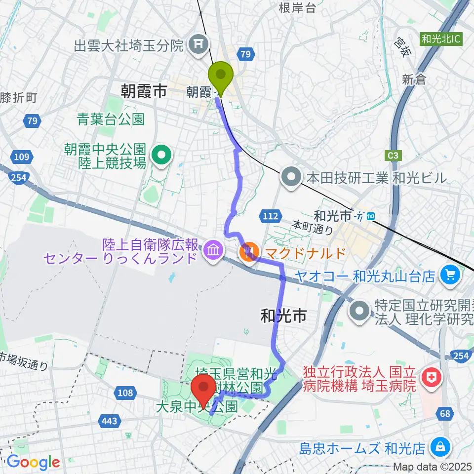 朝霞駅から大泉中央公園野球場へのルートマップ地図