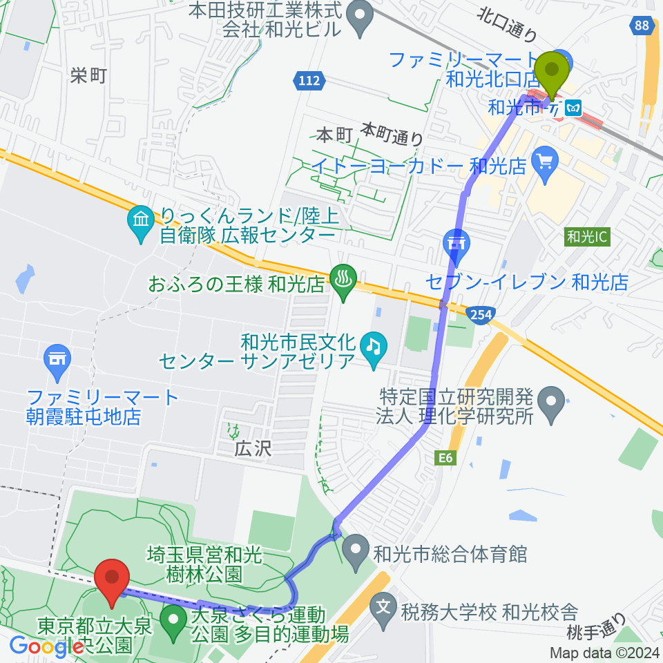 大泉中央公園陸上競技場の最寄駅和光市駅からの徒歩ルート（約31分）地図