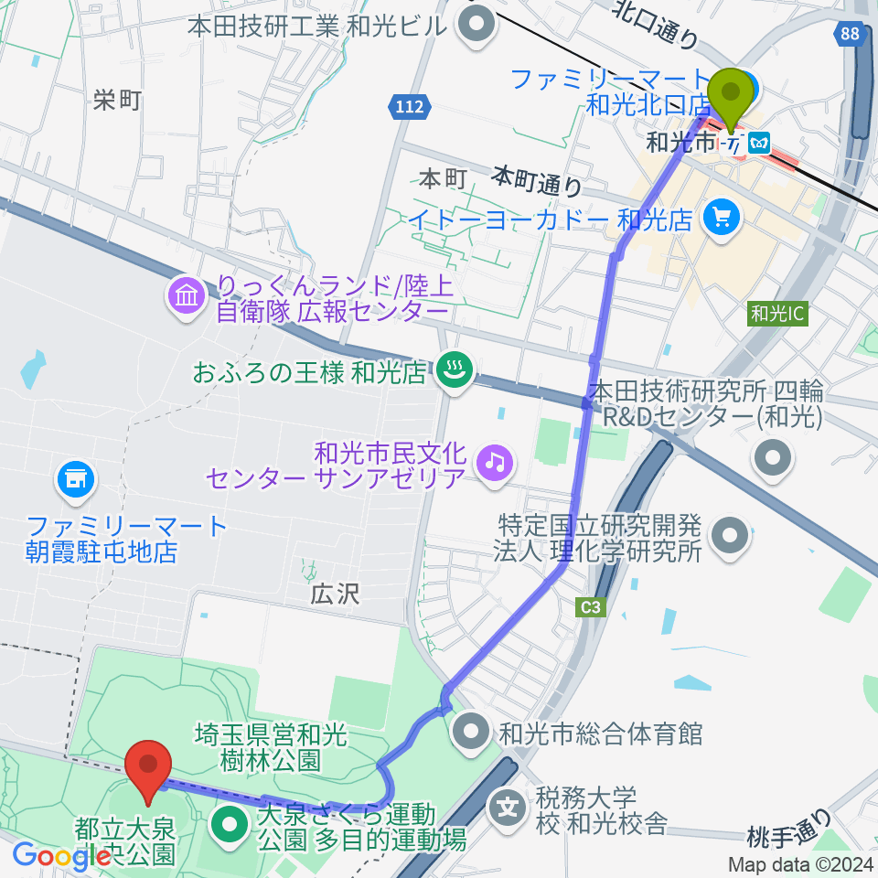 大泉中央公園陸上競技場の最寄駅和光市駅からの徒歩ルート（約31分）地図