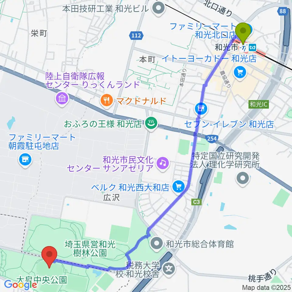 大泉中央公園陸上競技場の最寄駅和光市駅からの徒歩ルート（約31分）地図