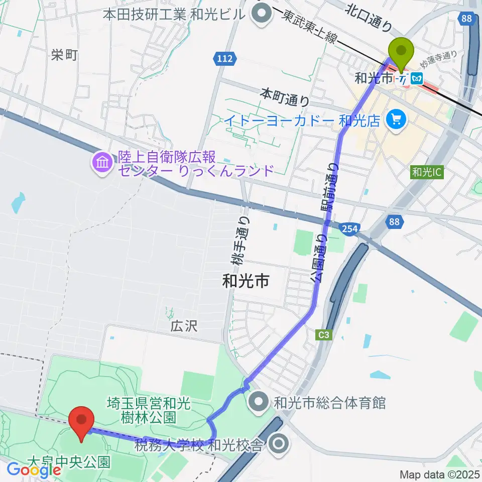 大泉中央公園陸上競技場の最寄駅和光市駅からの徒歩ルート（約31分）地図