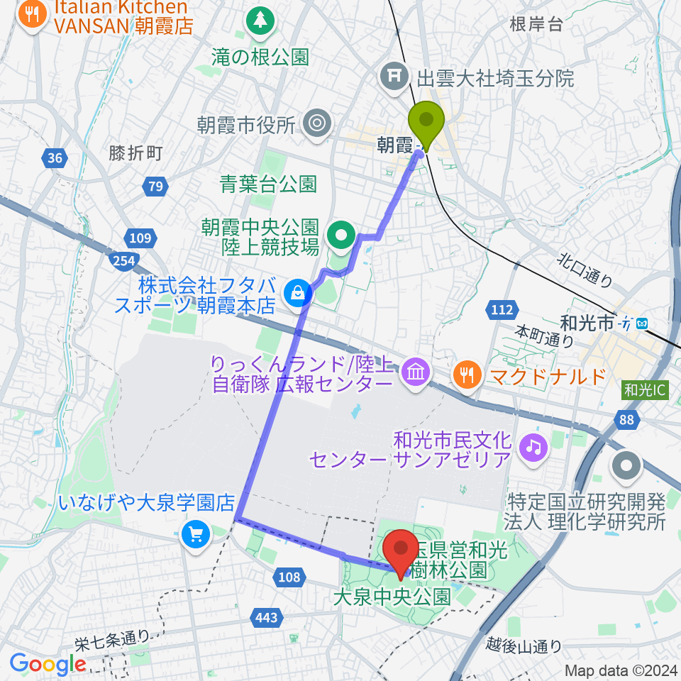 朝霞駅から大泉中央公園陸上競技場へのルートマップ地図