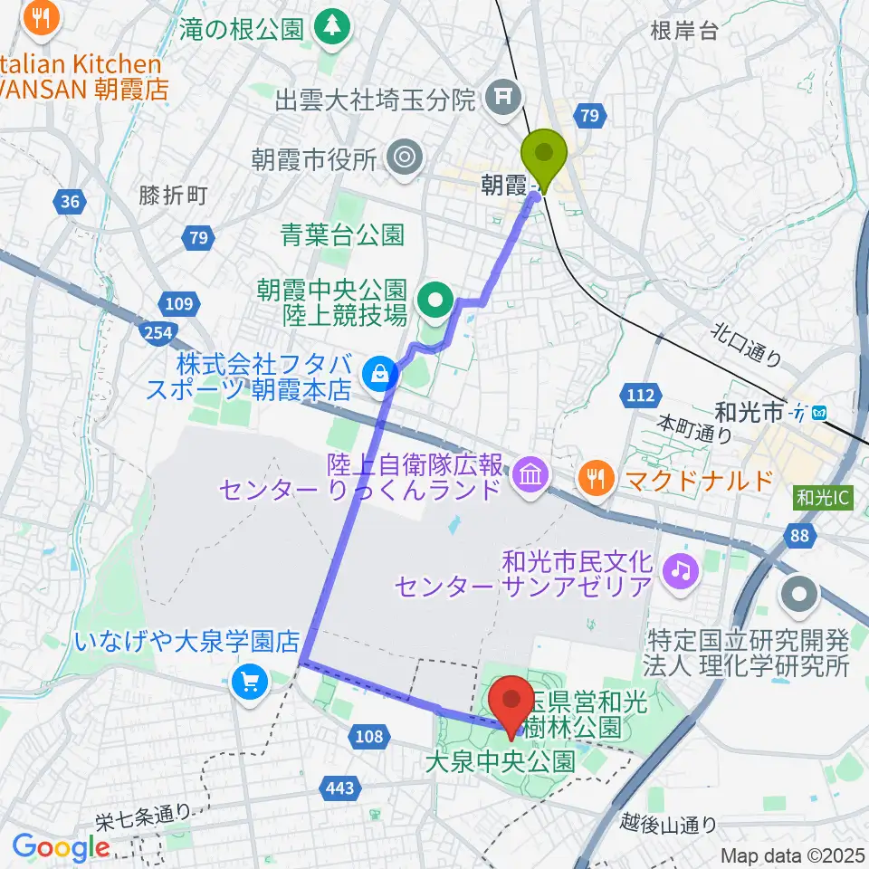 朝霞駅から大泉中央公園陸上競技場へのルートマップ地図