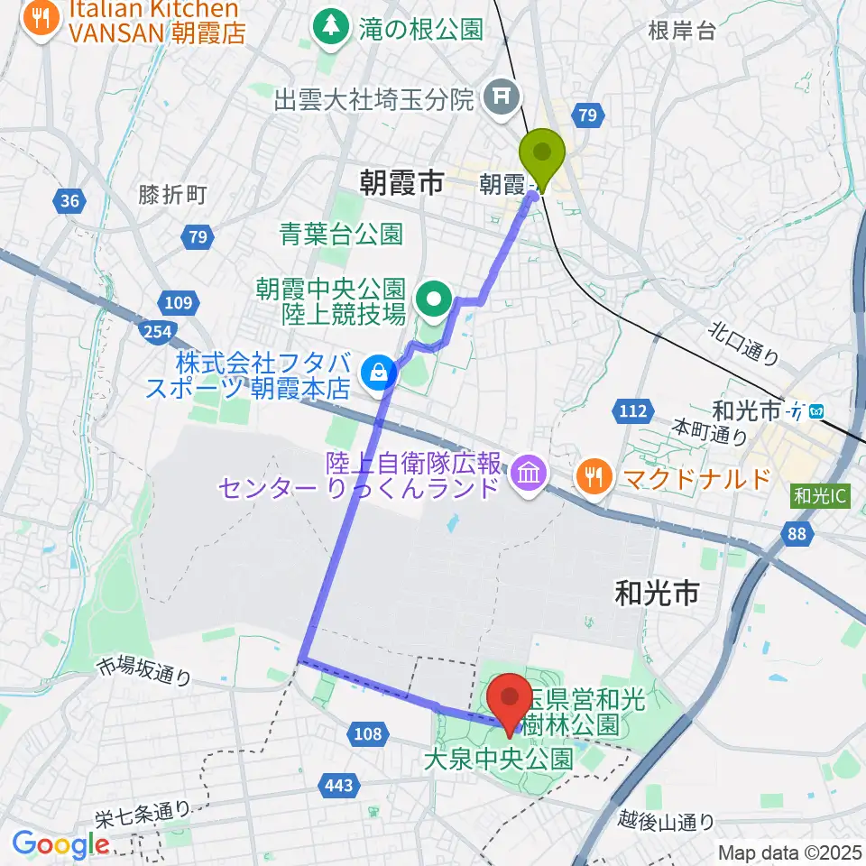 朝霞駅から大泉中央公園陸上競技場へのルートマップ地図
