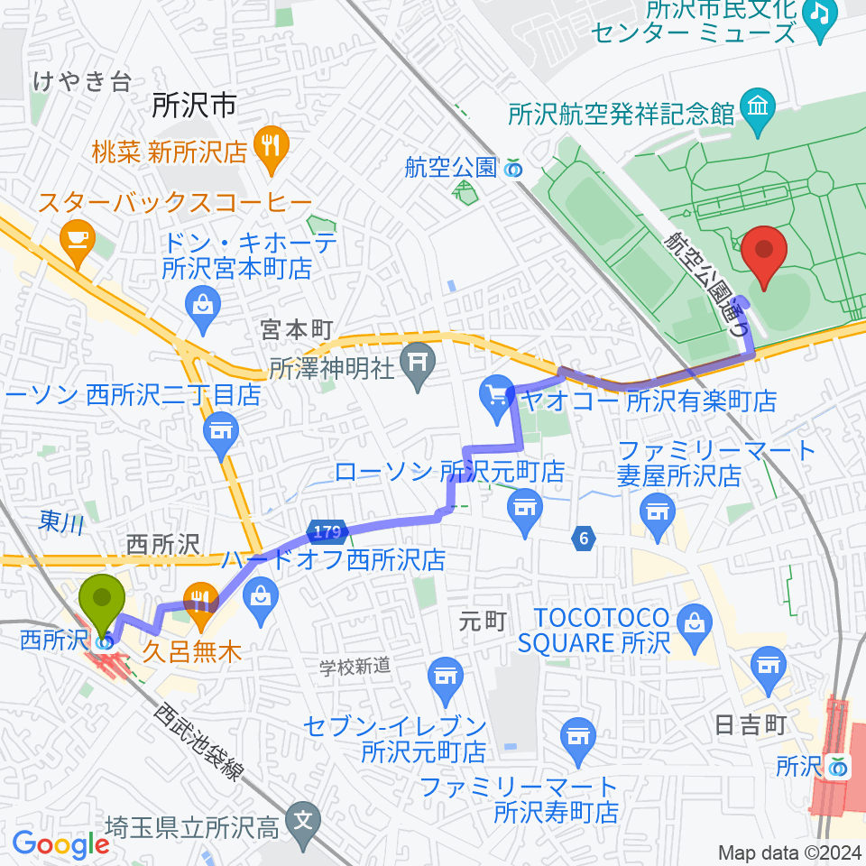 西所沢駅から所沢航空記念公園野球場へのルートマップ地図