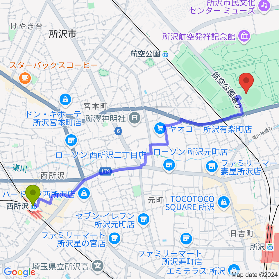 西所沢駅から所沢航空記念公園野球場へのルートマップ地図