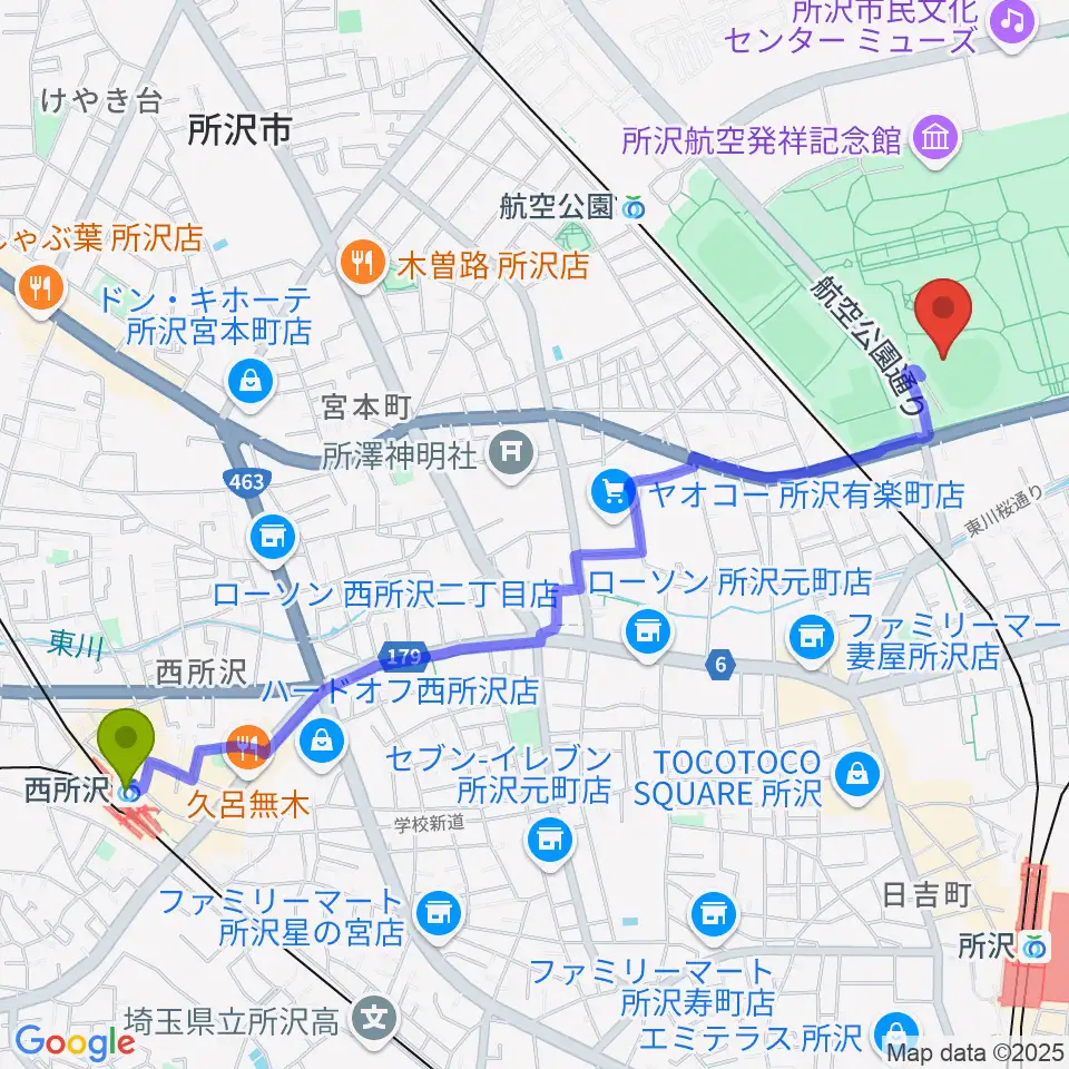 西所沢駅から所沢航空記念公園野球場へのルートマップ地図