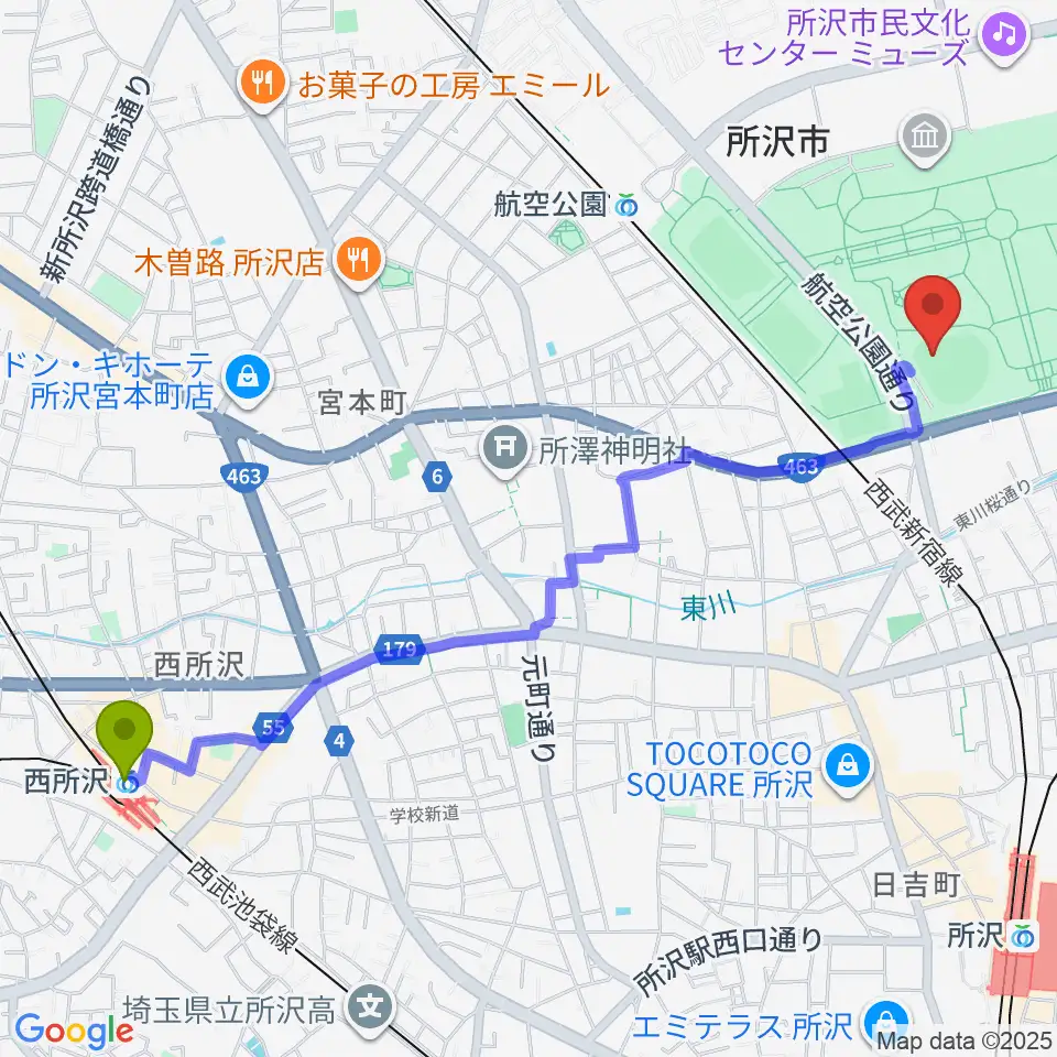 西所沢駅から所沢航空記念公園野球場へのルートマップ地図