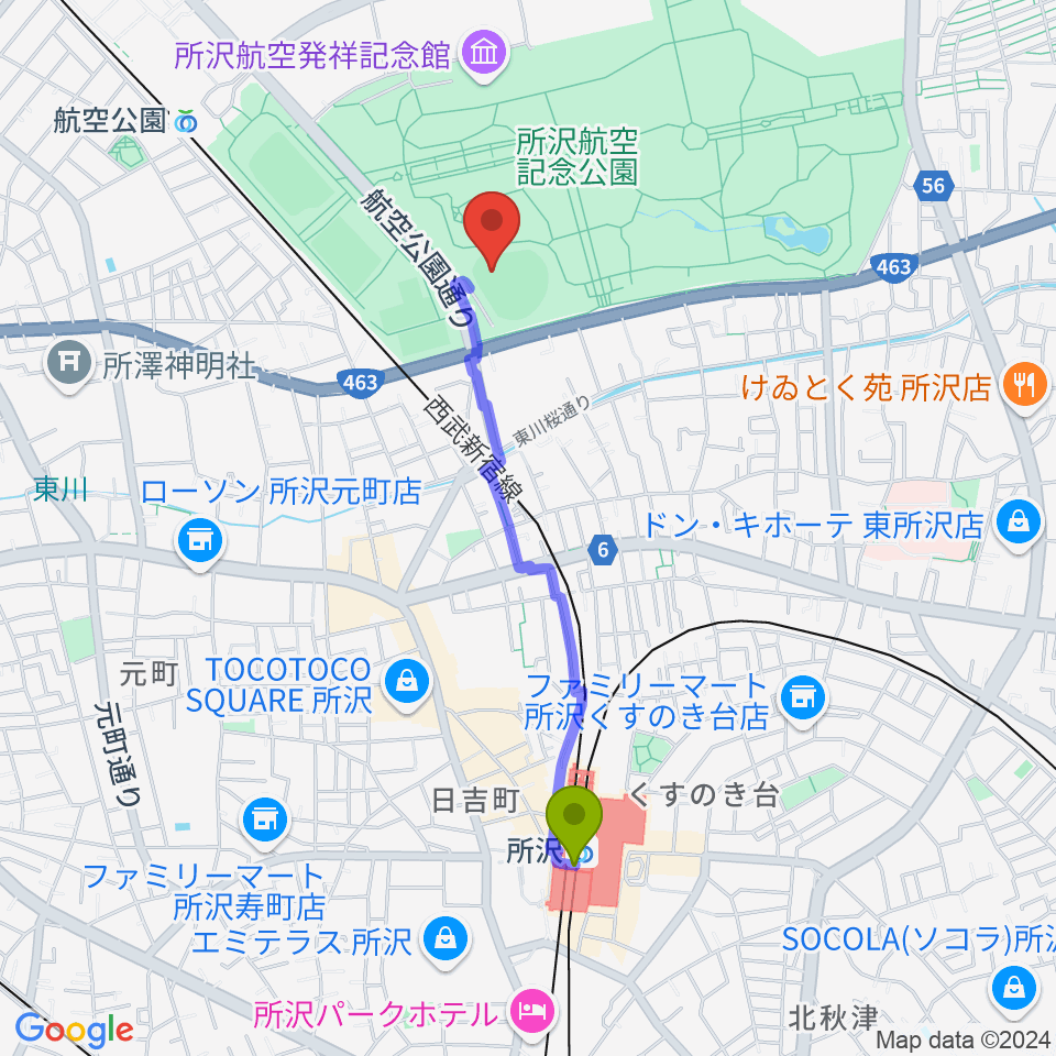 所沢駅から所沢航空記念公園野球場へのルートマップ地図