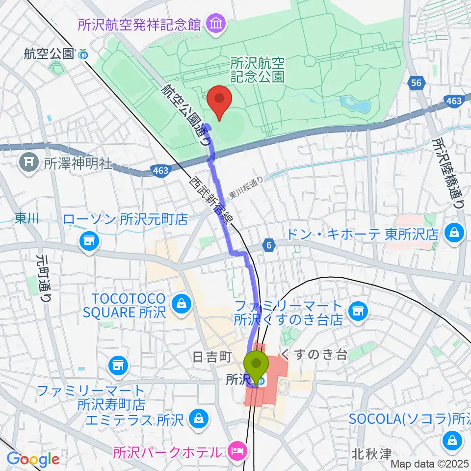 所沢駅から所沢航空記念公園野球場へのルートマップ地図