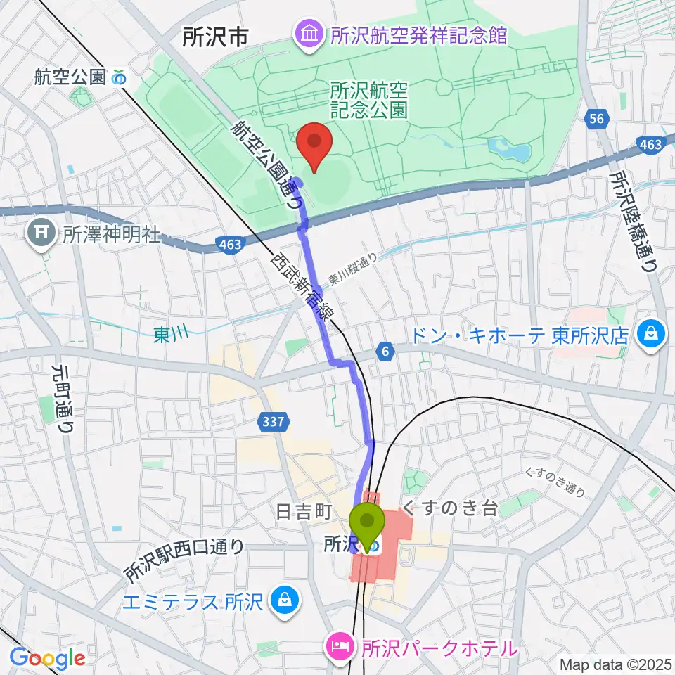 所沢駅から所沢航空記念公園野球場へのルートマップ地図