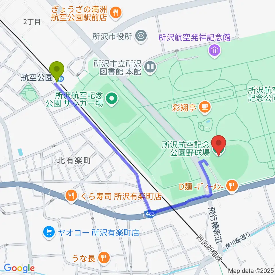 所沢航空記念公園野球場の最寄駅航空公園駅からの徒歩ルート（約10分）地図