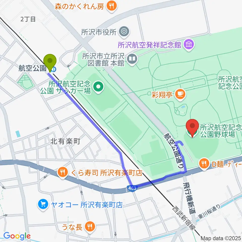 所沢航空記念公園野球場の最寄駅航空公園駅からの徒歩ルート（約10分）地図
