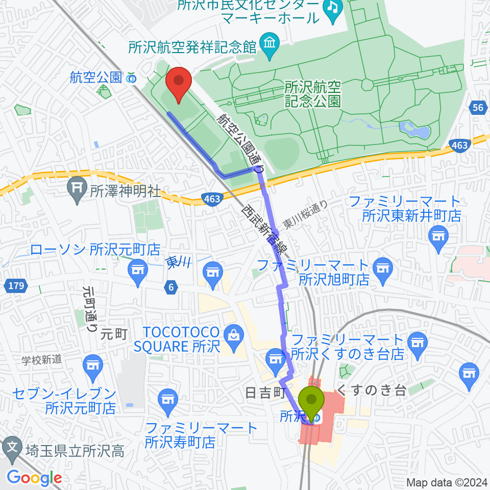 所沢駅から所沢航空記念公園運動場へのルートマップ地図