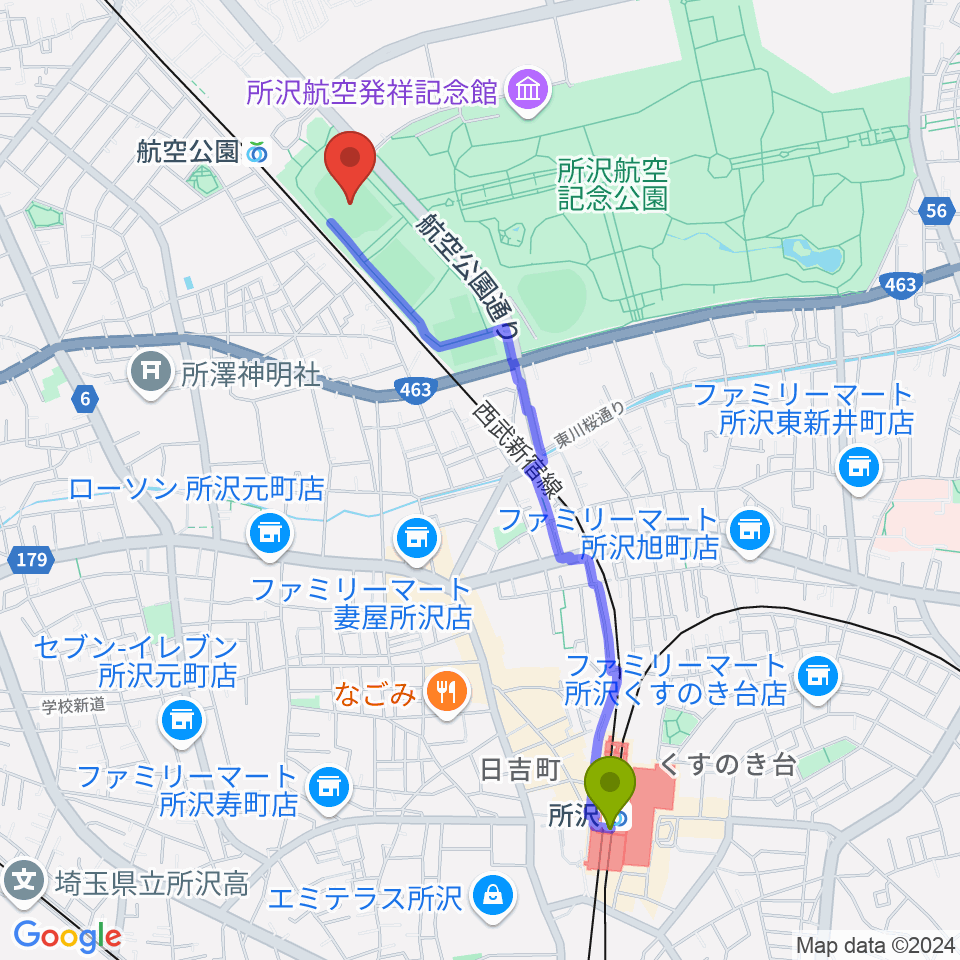 所沢駅から所沢航空記念公園運動場へのルートマップ地図