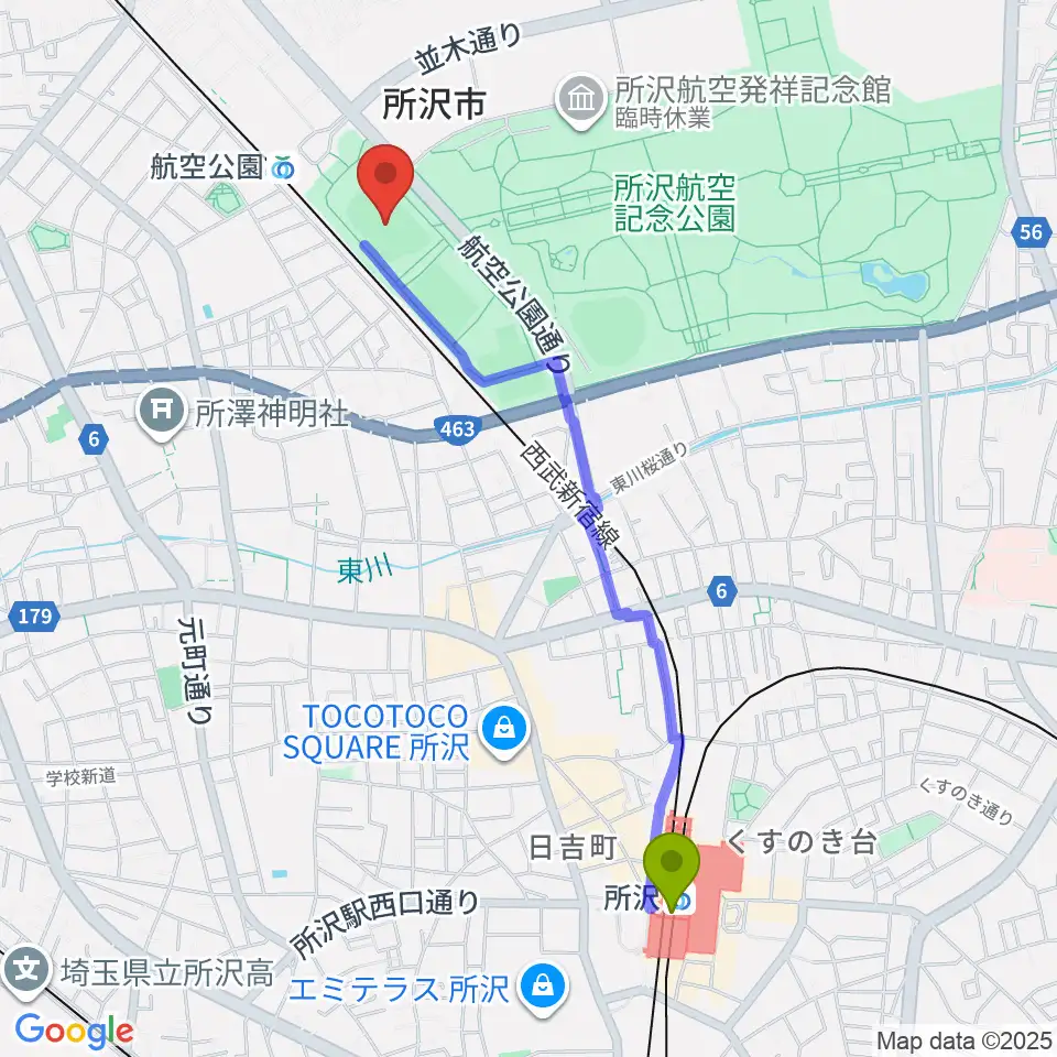 所沢駅から所沢航空記念公園運動場へのルートマップ地図