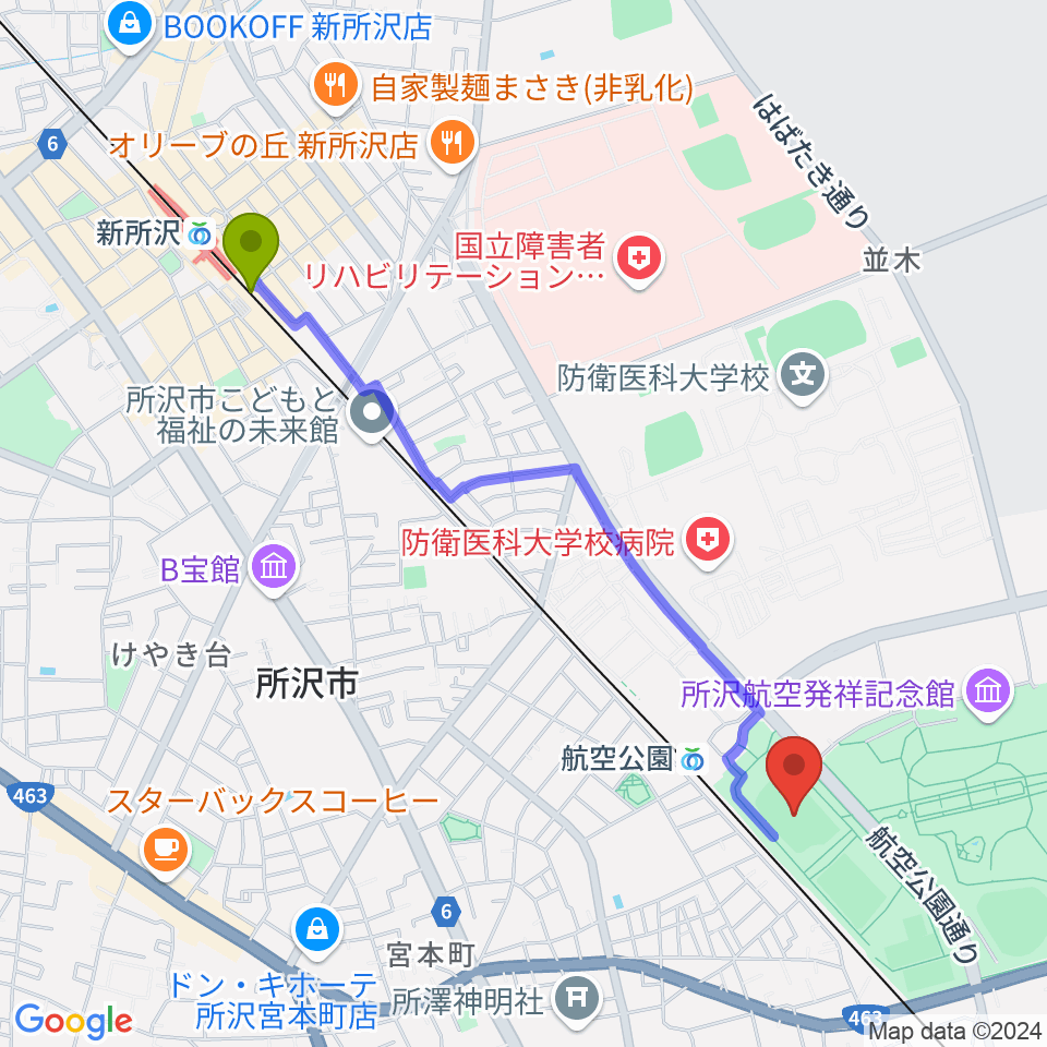 新所沢駅から所沢航空記念公園運動場へのルートマップ地図