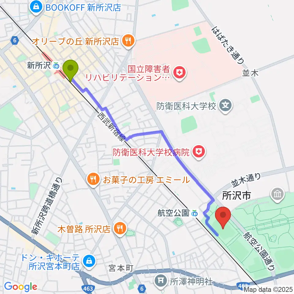 新所沢駅から所沢航空記念公園運動場へのルートマップ地図