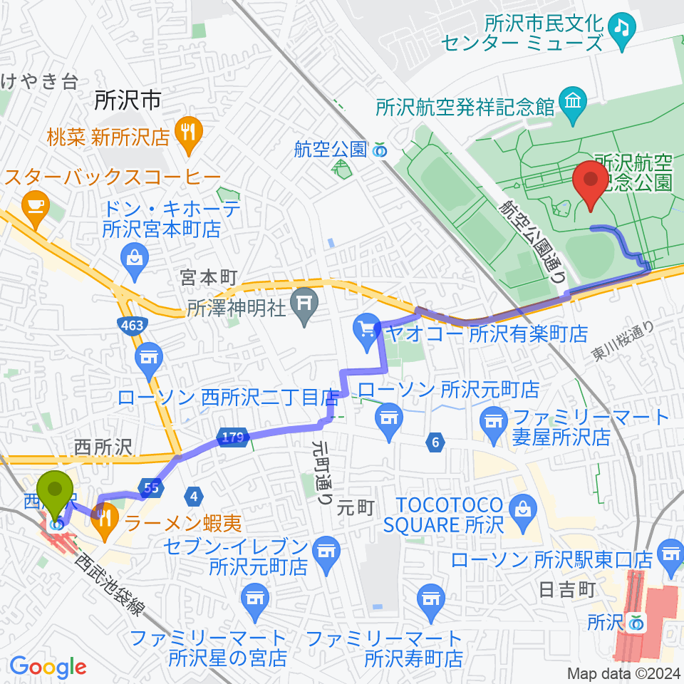 西所沢駅から所沢航空記念公園野外ステージへのルートマップ地図