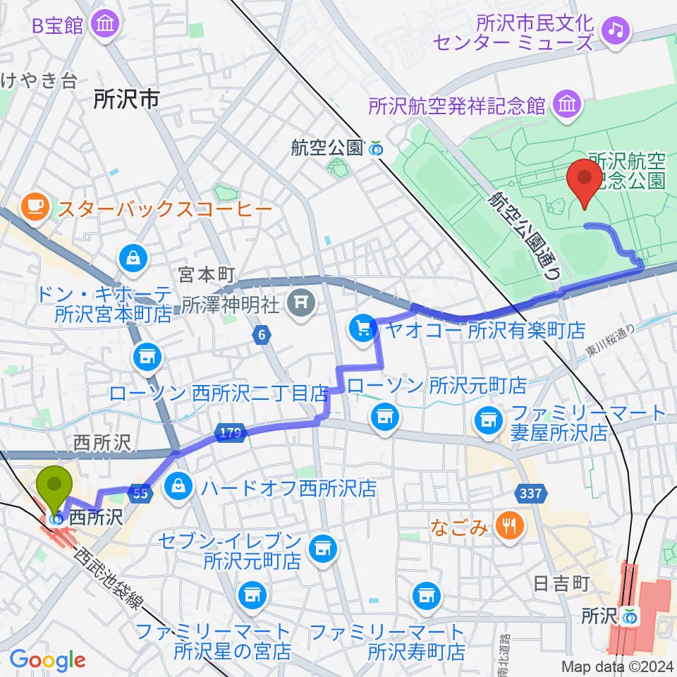 西所沢駅から所沢航空記念公園野外ステージへのルートマップ地図