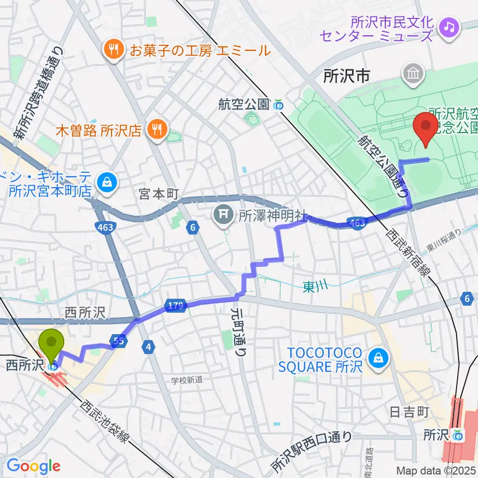 西所沢駅から所沢航空記念公園野外ステージへのルートマップ地図