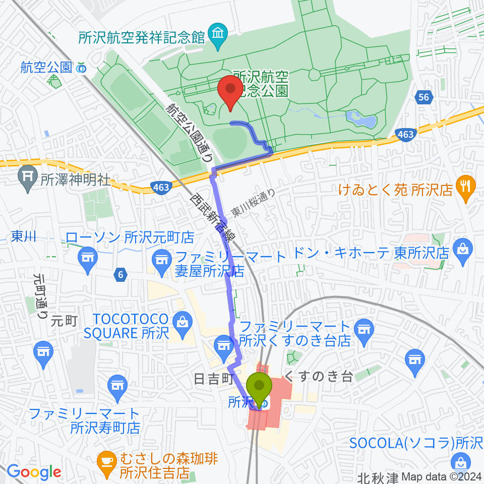 所沢駅から所沢航空記念公園野外ステージへのルートマップ地図