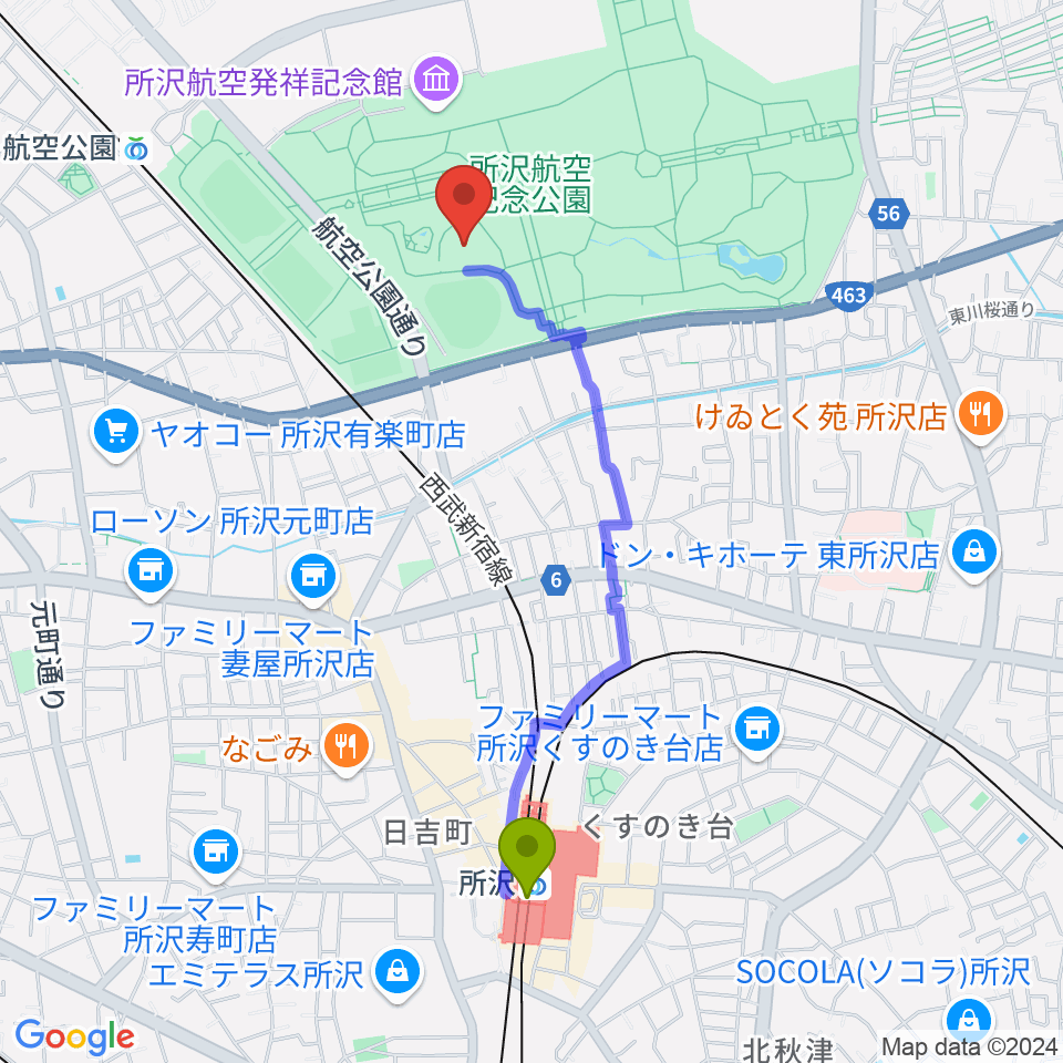 所沢駅から所沢航空記念公園野外ステージへのルートマップ地図