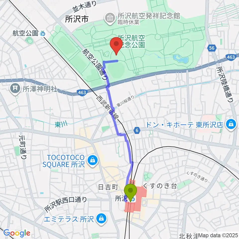 所沢駅から所沢航空記念公園野外ステージへのルートマップ地図