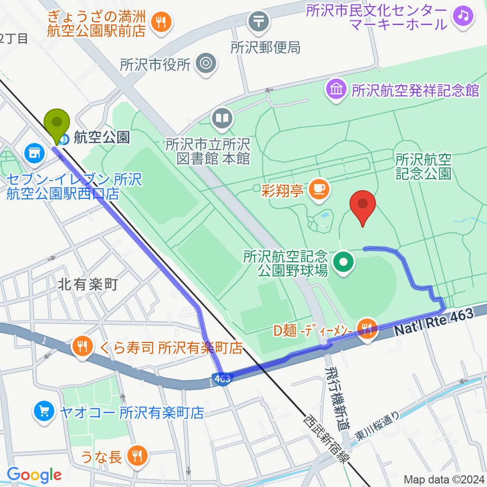 所沢航空記念公園野外ステージの最寄駅航空公園駅からの徒歩ルート（約10分）地図